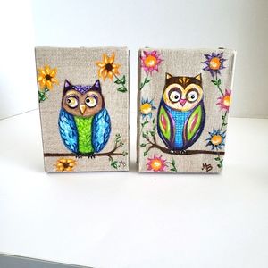 Wall hanging hand painted owl art on burlap canvas